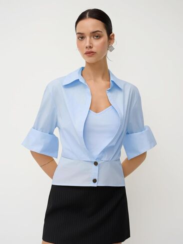 CIDER Shirts for Women Blouse Collar Button Down Shirt Mid-Length Sleeve Shirt with Cami Regular Fit Top Blue in Saudi Arabia