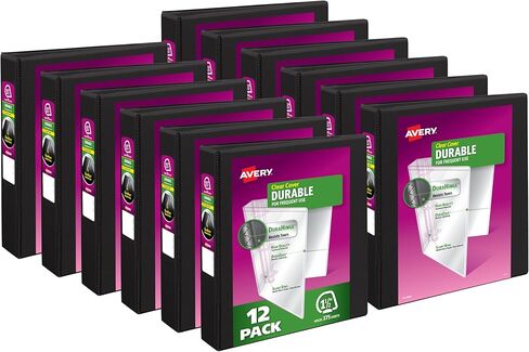 Avery Durable View 3 Ring Binders, 1.5 Inch Slant Rings, 375-Sheet Capacity, DuraHinge, 2.1 Inch Wide Spines, Customizable Clear Covers and Spines, Black Binders (12-Pack of 17021) in Saudi Arabia