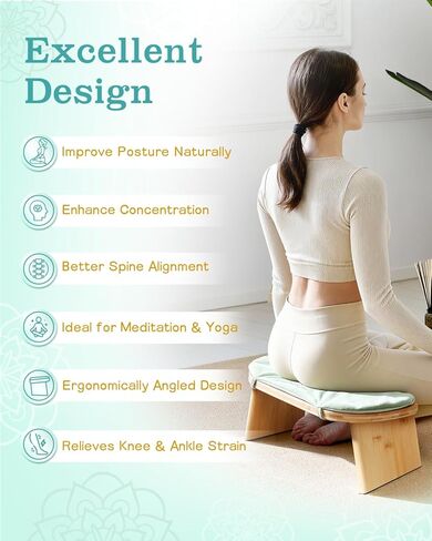 Hihealer Folding Bamboo Meditation Bench with Cushion & Carry Bag – Ergonomic Yoga and Prayer Stool for Comfort and Posture Support (Black) in Kuwait