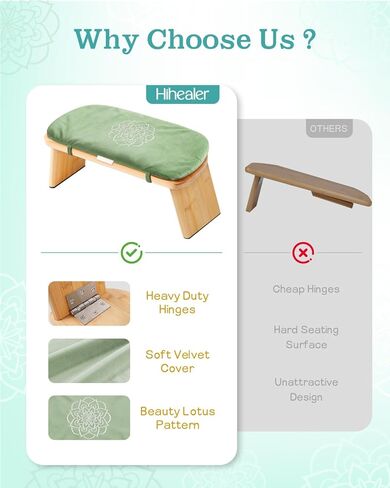 Hihealer Folding Bamboo Meditation Bench with Cushion & Carry Bag – Ergonomic Yoga and Prayer Stool for Comfort and Posture Support (Black) in Kuwait