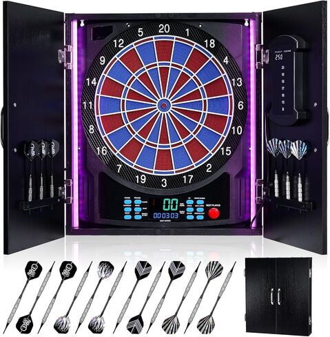 Yirinatek Electronic Dart Board, Electric Dartboard Cabinet Set for Adults [6 Soft Tip Darts] Individual Light Color for Each Player- Wooden Dartboard Cabinet for Family Game in Kuwait