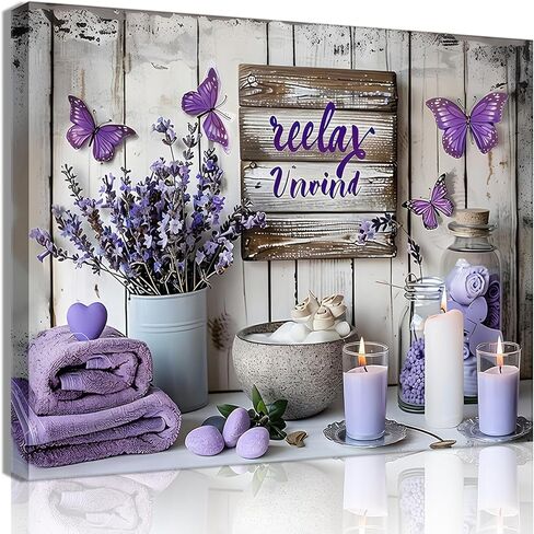 Purple Bathroom Canvas Wall Decor Relax Soak Canvas Wall Art Butterfly Floral Print Poster Artwrok Unwind Bathroom Washroom Painting Pictures 12x16 In in Saudi Arabia
