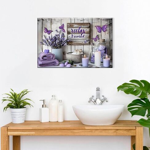Purple Bathroom Canvas Wall Decor Relax Soak Canvas Wall Art Butterfly Floral Print Poster Artwrok Unwind Bathroom Washroom Painting Pictures 12x16 In in Saudi Arabia