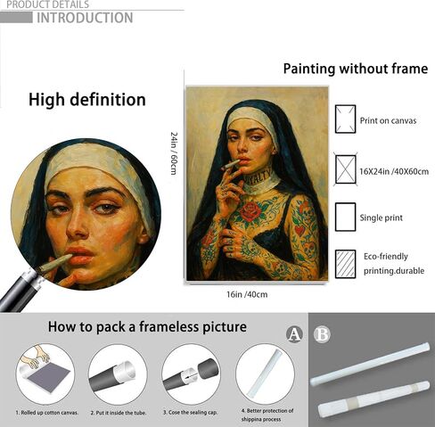 Woman Portrait Wall Art Dark Feminine Wall Art Nun Traditional Artwork Female Tattoo Poster Edgy Mexican Decor Gothic Large Picture 16x24Inch Unframed for Bedroom Living Room Dorm Apartment Home Decor in Saudi Arabia