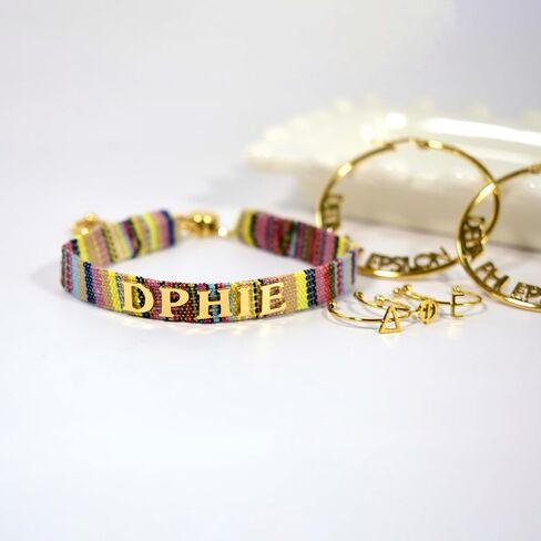 Sorority Shop Delta Phi Epsilon Bracelet — Multi-Color Woven Bracelet with Gold-plated Sorority Letters and Adjustable Clasp in Saudi Arabia