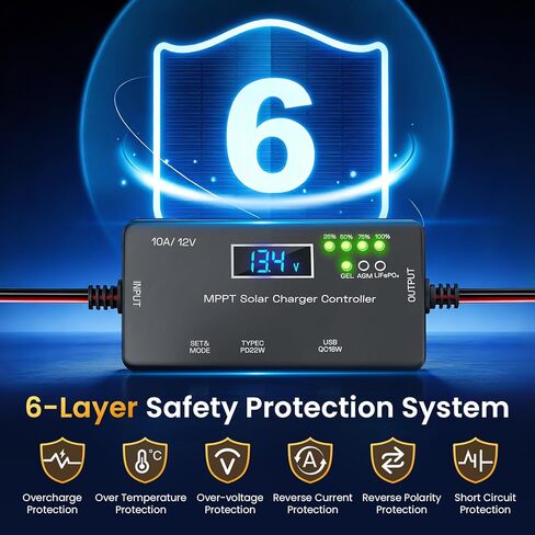 وحدة التحكم بالشحن بالطاقة الشمسية MPPT 12V 10A، مع شاشة LCD ومخرج Type-C/USB، متوافقة مع LiFePO4، AGM، بطاريات هلامية، تقنية صفر استنزاف البطارية للنظام الشمسي خارج الشبكة in Kuwait
