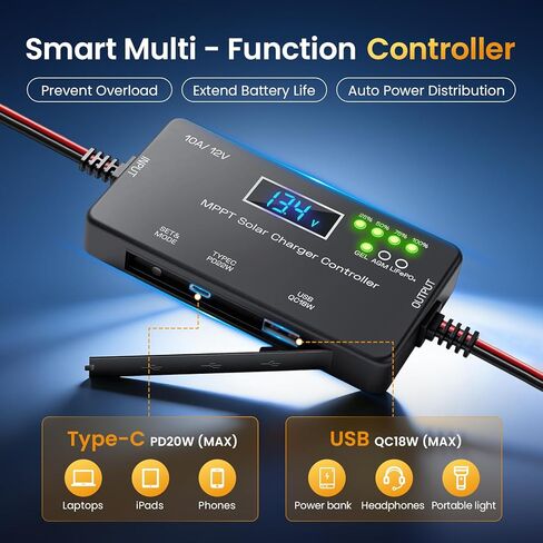 وحدة التحكم بالشحن بالطاقة الشمسية MPPT 12V 10A، مع شاشة LCD ومخرج Type-C/USB، متوافقة مع LiFePO4، AGM، بطاريات هلامية، تقنية صفر استنزاف البطارية للنظام الشمسي خارج الشبكة in Kuwait