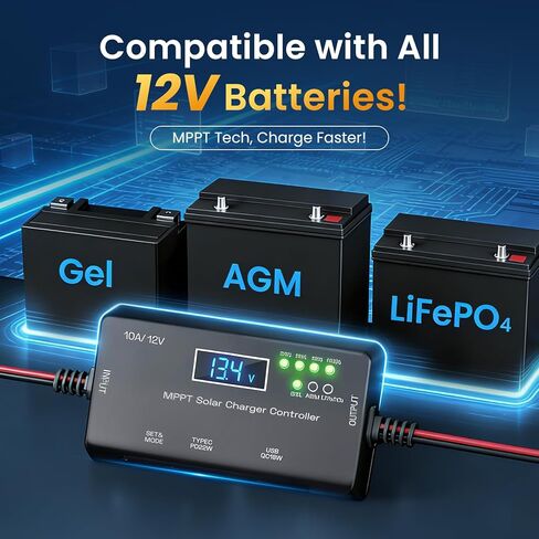 وحدة التحكم بالشحن بالطاقة الشمسية MPPT 12V 10A، مع شاشة LCD ومخرج Type-C/USB، متوافقة مع LiFePO4، AGM، بطاريات هلامية، تقنية صفر استنزاف البطارية للنظام الشمسي خارج الشبكة in Kuwait