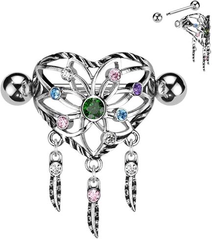 Heart Dream Catcher Shield Nipple Ring With Multi Color CZ & Surgical Steel Barbell in Saudi Arabia