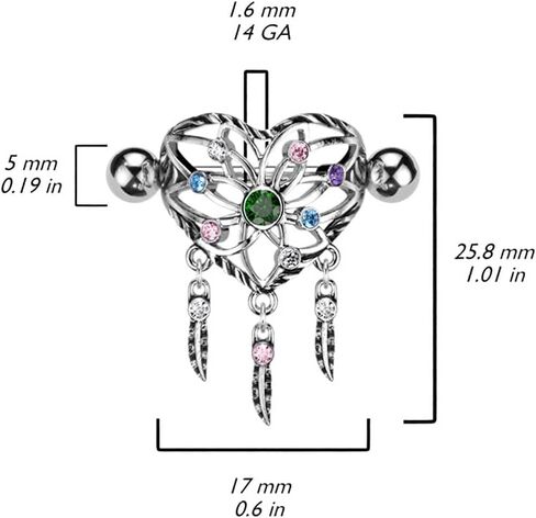 Heart Dream Catcher Shield Nipple Ring With Multi Color CZ & Surgical Steel Barbell in Saudi Arabia
