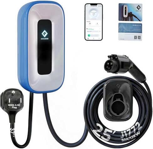 شاحن EV المستوى 2،50 أمبير، شاحن 240 فولت المستوى 2، EVSE داخلي/خارجي، كابل 25 قدم وشاحن طاقة 37 بوصة مستوى 2، 2.4GWiFi/APP/بطاقة RFID (قابس NEMA14-50 أو سلكي) in Saudi Arabia