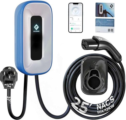 شاحن EV المستوى 2،50 أمبير، شاحن 240 فولت المستوى 2، EVSE داخلي/خارجي، كابل 25 قدم وشاحن طاقة 37 بوصة مستوى 2، 2.4GWiFi/APP/بطاقة RFID (قابس NEMA14-50 أو سلكي) in Saudi Arabia