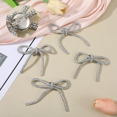4Pcs Rhinestones Pin Bow, Crystal Bow Brooch Pins, Silver Bows Pin Bowknot Rhinestone Sparkly Brooches for Women Hats Prom Wedding Party Dress Suit Shirt Buttons in Saudi Arabia