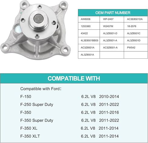 مضخة مياه AW6006 (لـ 6.2L V8 فقط) لفورد F150 2010-2014، F250 F350 Super Duty 2011-2022، F350 XL XLT Lobo 2011-2014، E-350 E-450 Super Duty 2017-2019، 1253360 AC3Z8501A in Saudi Arabia