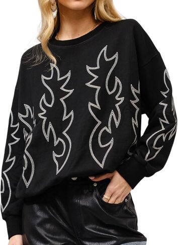 Women's Western Boots Stitch Sweatshirt Retro Crewneck Pullover Long Sleeve Pullover Sweater Tops in Saudi Arabia