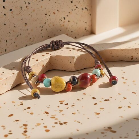 Bohemian Colorful Charm Bracelets for Women Handmade Braided Adjustable Cord Boho Ceramic Hippie Bracelet Summer Elastic Ethnic Style Stone Beaded Hand Chain Women Simple Jewelry Gift in Saudi Arabia