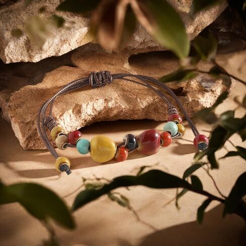 Bohemian Colorful Charm Bracelets for Women Handmade Braided Adjustable Cord Boho Ceramic Hippie Bracelet Summer Elastic Ethnic Style Stone Beaded Hand Chain Women Simple Jewelry Gift in Saudi Arabia