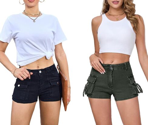 مجموعة شورتات جينز نسائية قابلة للتمدد - تتضمن قطعة واحدة من شورتات الدينيم النسائية السوداء وقطعة واحدة من شورتات كارجو صغيرة من الجينز باللون الأخضر العسكري، مقاس كبير in Kuwait