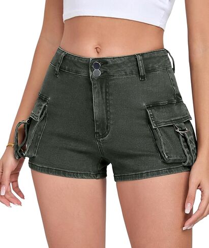 مجموعة شورتات جينز نسائية قابلة للتمدد - تتضمن قطعة واحدة من شورتات الدينيم النسائية السوداء وقطعة واحدة من شورتات كارجو صغيرة من الجينز باللون الأخضر العسكري، مقاس كبير in Kuwait