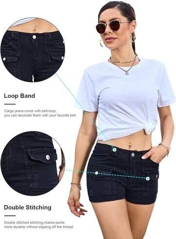 مجموعة شورتات جينز نسائية قابلة للتمدد - تتضمن قطعة واحدة من شورتات الدينيم النسائية السوداء وقطعة واحدة من شورتات كارجو صغيرة من الجينز باللون الأخضر العسكري، مقاس كبير in Kuwait