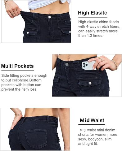 مجموعة شورتات جينز نسائية قابلة للتمدد - تتضمن قطعة واحدة من شورتات الدينيم النسائية السوداء وقطعة واحدة من شورتات كارجو صغيرة من الجينز باللون الأخضر العسكري، مقاس كبير in Kuwait