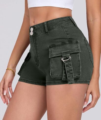 مجموعة شورتات جينز نسائية قابلة للتمدد - تتضمن قطعة واحدة من شورتات الدينيم النسائية السوداء وقطعة واحدة من شورتات كارجو صغيرة من الجينز باللون الأخضر العسكري، مقاس كبير in Kuwait
