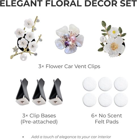 Bling Flower Car Vent Clips – 3PCS Cute Car Accessories for Women, Blossom Car Vent Decorations, Aesthetic Car Charm Decor with 6PCS Unscented Felt Pads Accessories Gift in Saudi Arabia