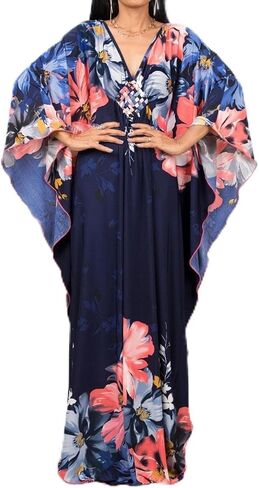 فستان قفطان نسائي بأكمام تشبه جناح الخفاش، فساتين طويلة من Moo Moos مطبوع عليها زهور، فستان قفطان للشاطئ، ملابس للاستلقاء in Kuwait
