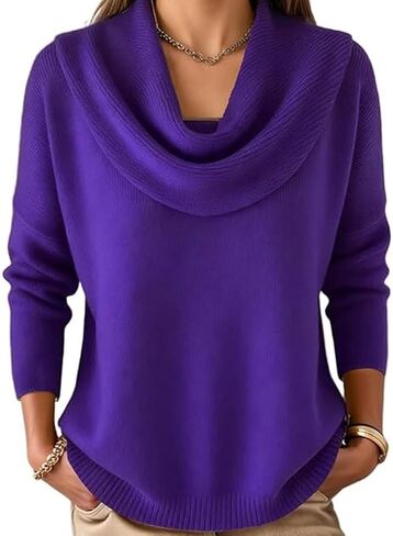 Elegant Retro Soft Triangle Neck Solid Color Sweater Top, Cozy Long Sleeve Knit Cowl Neck Sweater for Women in Saudi Arabia