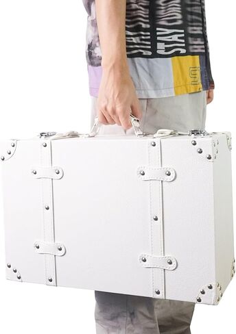 DreamsEden Decorative Wooden Treasure Chest, Vintage Suitcase Storage Box with Lid Pirate Keepsake for Gifts, White Leather (White) in Saudi Arabia