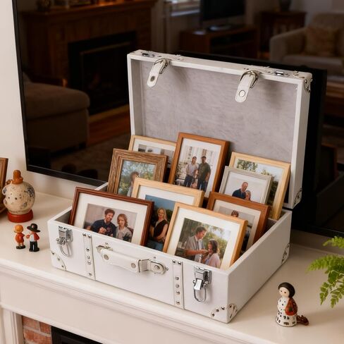 DreamsEden Decorative Wooden Treasure Chest, Vintage Suitcase Storage Box with Lid Pirate Keepsake for Gifts, White Leather (White) in Saudi Arabia
