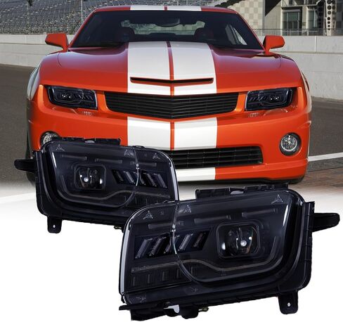 المصابيح الأمامية لجهاز العرض الأنبوبي LED باللون الأسود متوافقة مع 2010 2011 2012 2013 Chevy Camaro، مجموعة المصابيح الأمامية للزوج الأيسر + الأيمن (خطوط عمودية) in Kuwait