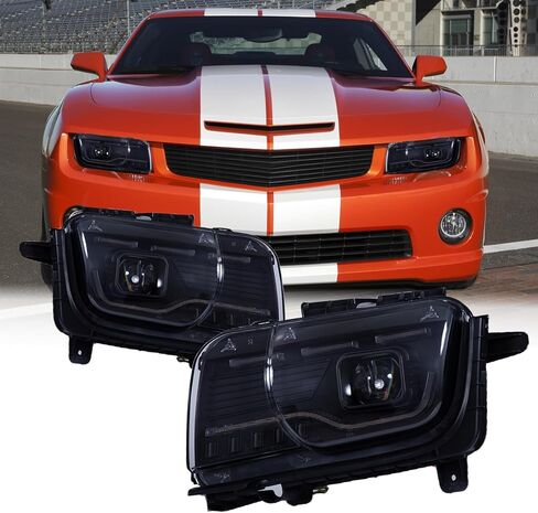Black LED Tube Projector Headlights Compatible with 2010 2011 2012 2013 Chevy Camaro, Left + Right Pair Headlamps Assembly (Vertical stripes) in Saudi Arabia
