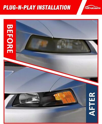 for 1999-2004 Ford Mustang V6 / GT/Cobra Headlamp Compatible with Ford 1999-2004 Mustang Headlights Black Housing Amber Reflector Left and Right Side（W/O Bulbs） in Saudi Arabia
