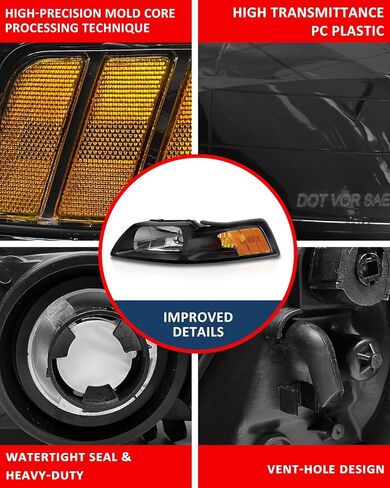 for 1999-2004 Ford Mustang V6 / GT/Cobra Headlamp Compatible with Ford 1999-2004 Mustang Headlights Black Housing Amber Reflector Left and Right Side（W/O Bulbs） in Saudi Arabia