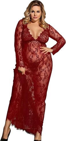 ohyeahlady Plus Size Long Lingerie Set for Womens Lace V Neck Mesh Sexy Nightdress Babydoll Sleepwear Maxi Dress with Thong in Kuwait