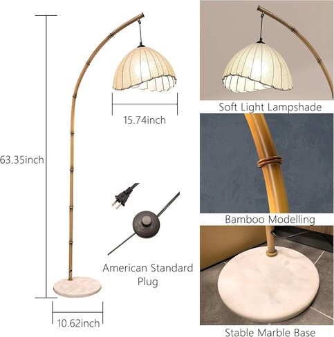 Boho Arc Bamboo Floor Lamp,Vintage Bohemia Floor Lamps with 3 Color Temperatures,Floor Light for Living Room and Bedroom Lighting Decor,Marble Base in Saudi Arabia
