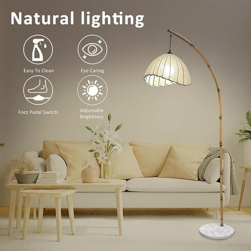 Boho Arc Bamboo Floor Lamp,Vintage Bohemia Floor Lamps with 3 Color Temperatures,Floor Light for Living Room and Bedroom Lighting Decor,Marble Base in Saudi Arabia