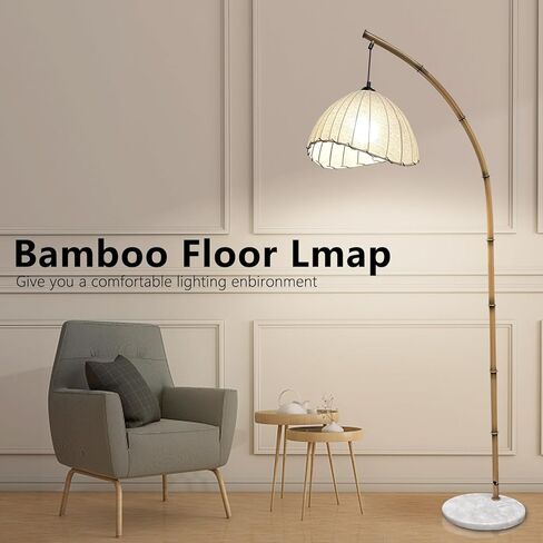 Boho Arc Bamboo Floor Lamp,Vintage Bohemia Floor Lamps with 3 Color Temperatures,Floor Light for Living Room and Bedroom Lighting Decor,Marble Base in Saudi Arabia