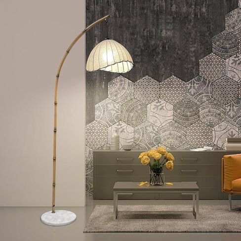 Boho Arc Bamboo Floor Lamp,Vintage Bohemia Floor Lamps with 3 Color Temperatures,Floor Light for Living Room and Bedroom Lighting Decor,Marble Base in Saudi Arabia