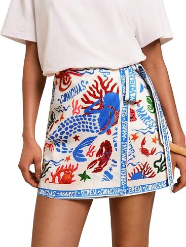 Women’s Summer Boho Skirts Floral Print Tie Knot Wrap Mini Skirts Cute Tropical Ocean Graphic Short Skirt Beachwear Light Blue in Kuwait