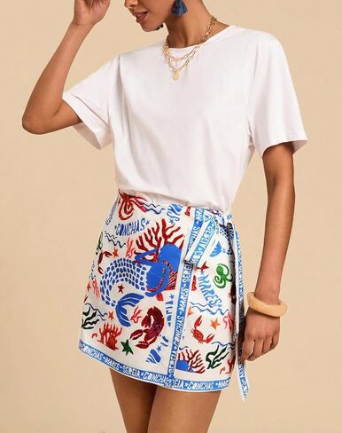 Women’s Summer Boho Skirts Floral Print Tie Knot Wrap Mini Skirts Cute Tropical Ocean Graphic Short Skirt Beachwear Light Blue in Kuwait