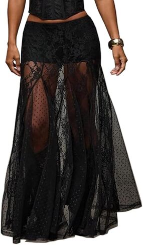 انظر من خلال التنانير الطويلة المصنوعة من الدانتيل الشفاف للنساء، تنورة طويلة واسعة واسعة in Kuwait