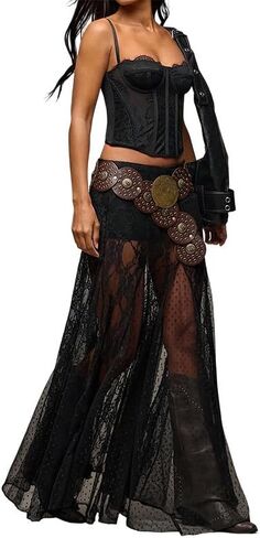 انظر من خلال التنانير الطويلة المصنوعة من الدانتيل الشفاف للنساء، تنورة طويلة واسعة واسعة in Kuwait