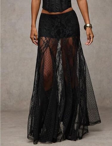 انظر من خلال التنانير الطويلة المصنوعة من الدانتيل الشفاف للنساء، تنورة طويلة واسعة واسعة in Kuwait