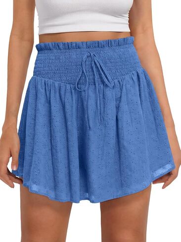 Caracilia Womens Summer Eyelet Mini Skirts High Waist Smocked Layered Ruffle Cute Boho Short Skorts 2026 Casual Beach Outfits in Saudi Arabia