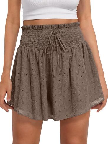 Caracilia Womens Summer Eyelet Mini Skirts High Waist Smocked Layered Ruffle Cute Boho Short Skorts 2026 Casual Beach Outfits in Saudi Arabia