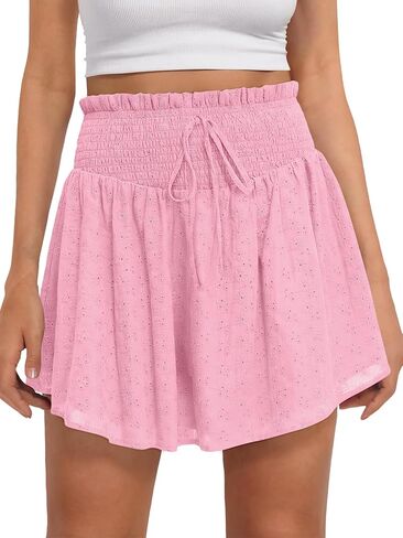 Caracilia Womens Summer Eyelet Mini Skirts High Waist Smocked Layered Ruffle Cute Boho Short Skorts 2026 Casual Beach Outfits in Saudi Arabia