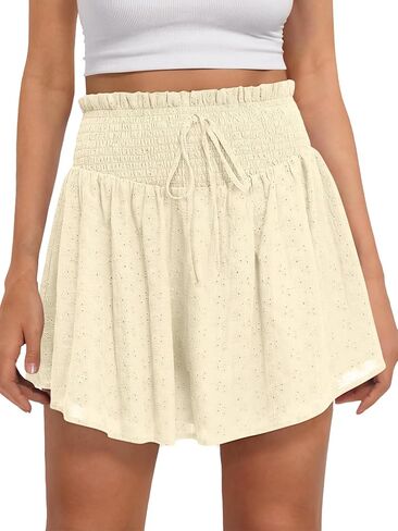 Caracilia Womens Summer Eyelet Mini Skirts High Waist Smocked Layered Ruffle Cute Boho Short Skorts 2026 Casual Beach Outfits in Saudi Arabia