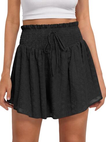 Caracilia Womens Summer Eyelet Mini Skirts High Waist Smocked Layered Ruffle Cute Boho Short Skorts 2026 Casual Beach Outfits in Saudi Arabia